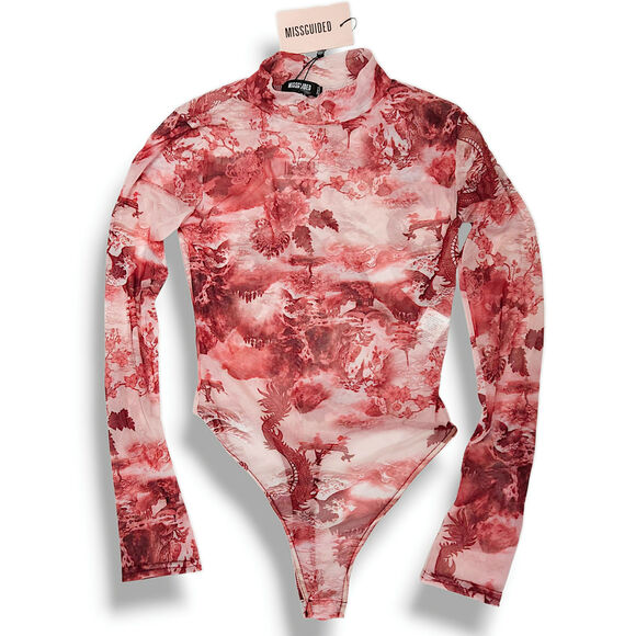 Missguided Mesh Dragon Print Bodysuit Mock Neck Long Sleeve Sheer Stretch 4 NWT - Picture 2 of 9